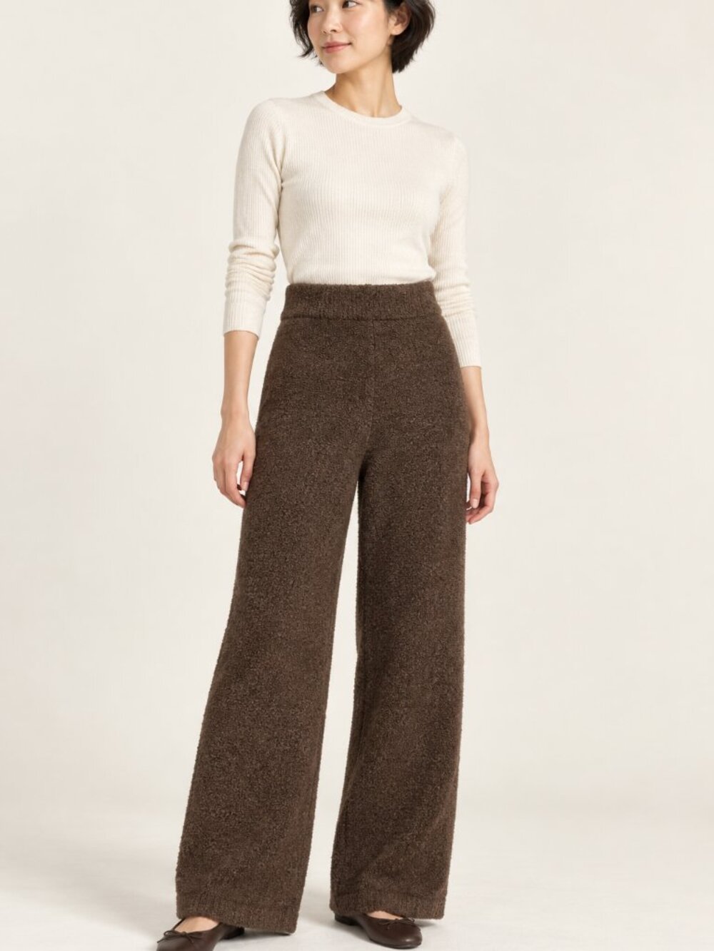 Happily Grey Brown Wide Leg Fuzzy Knit Pants XS Cozy Minimalist Lounge